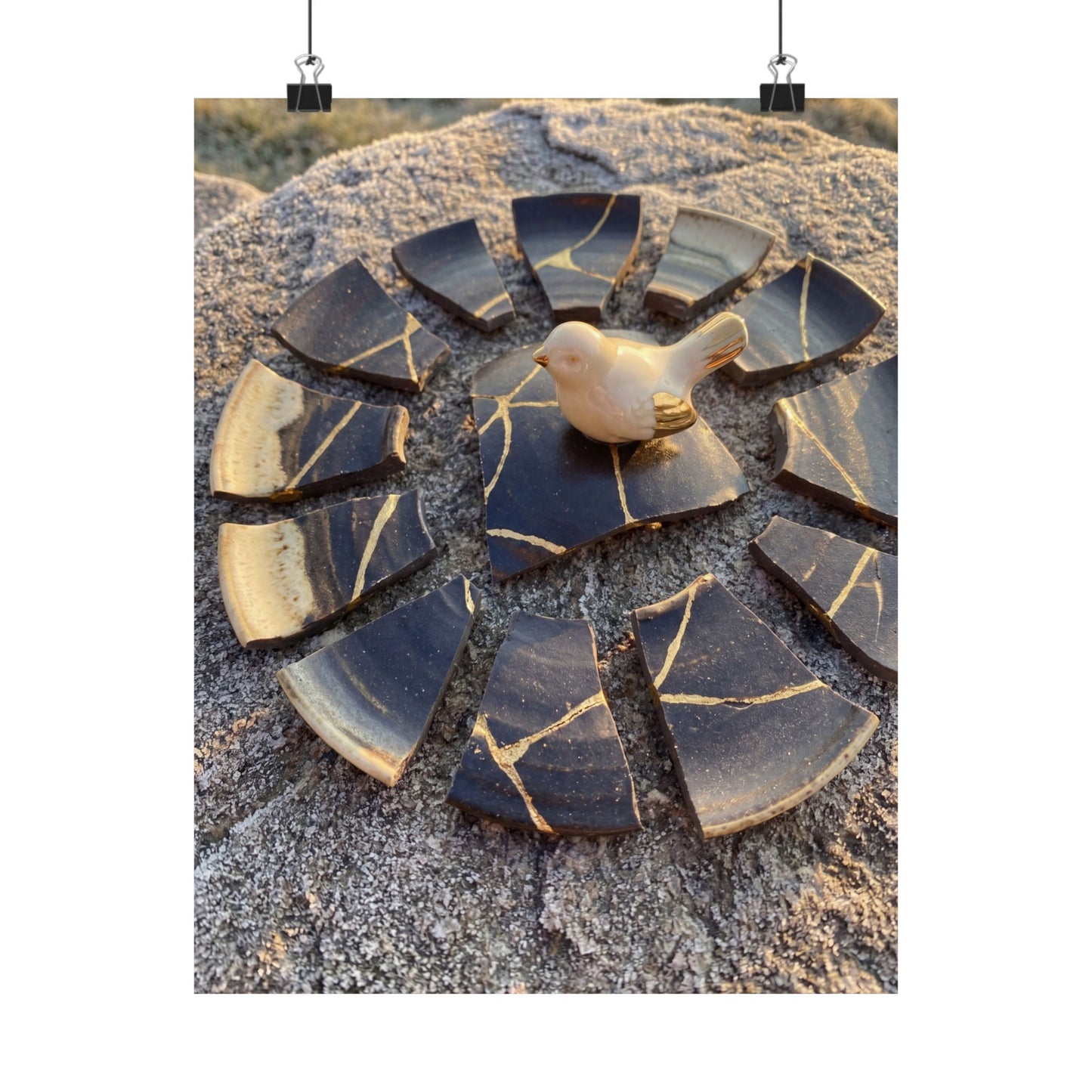 Kintsugi Broken Pottery in Golden Hour | Gold Repair Wall Art Print Art Print