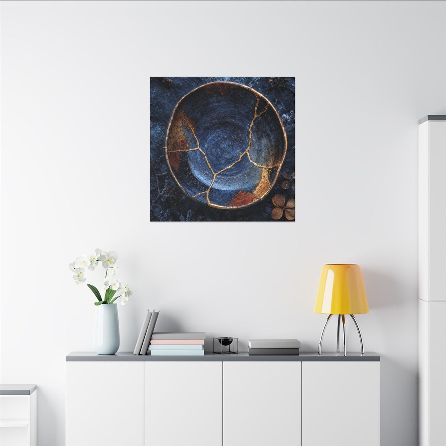 Kintsugi Ceramic Bowl in Moonlight | Crackle Gold Canvas Art