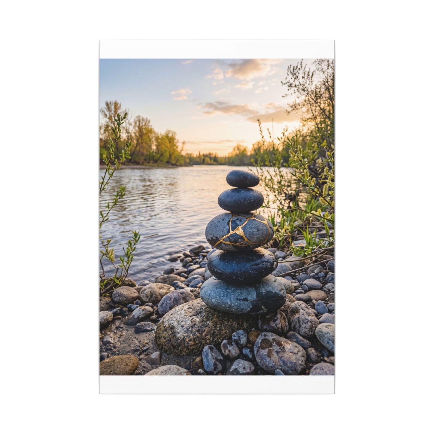 Kintsugi River Stones in Golden Hour | Gold Vein Canvas Art