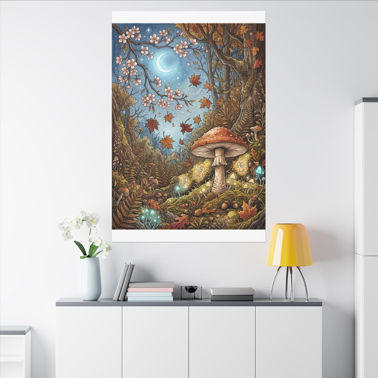 Autumn Cherry Blossom Mushroom Illustration Canvas Art | Enchanting Decor