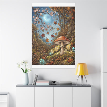 Autumn Cherry Blossom Mushroom Illustration Canvas Art | Enchanting Decor
