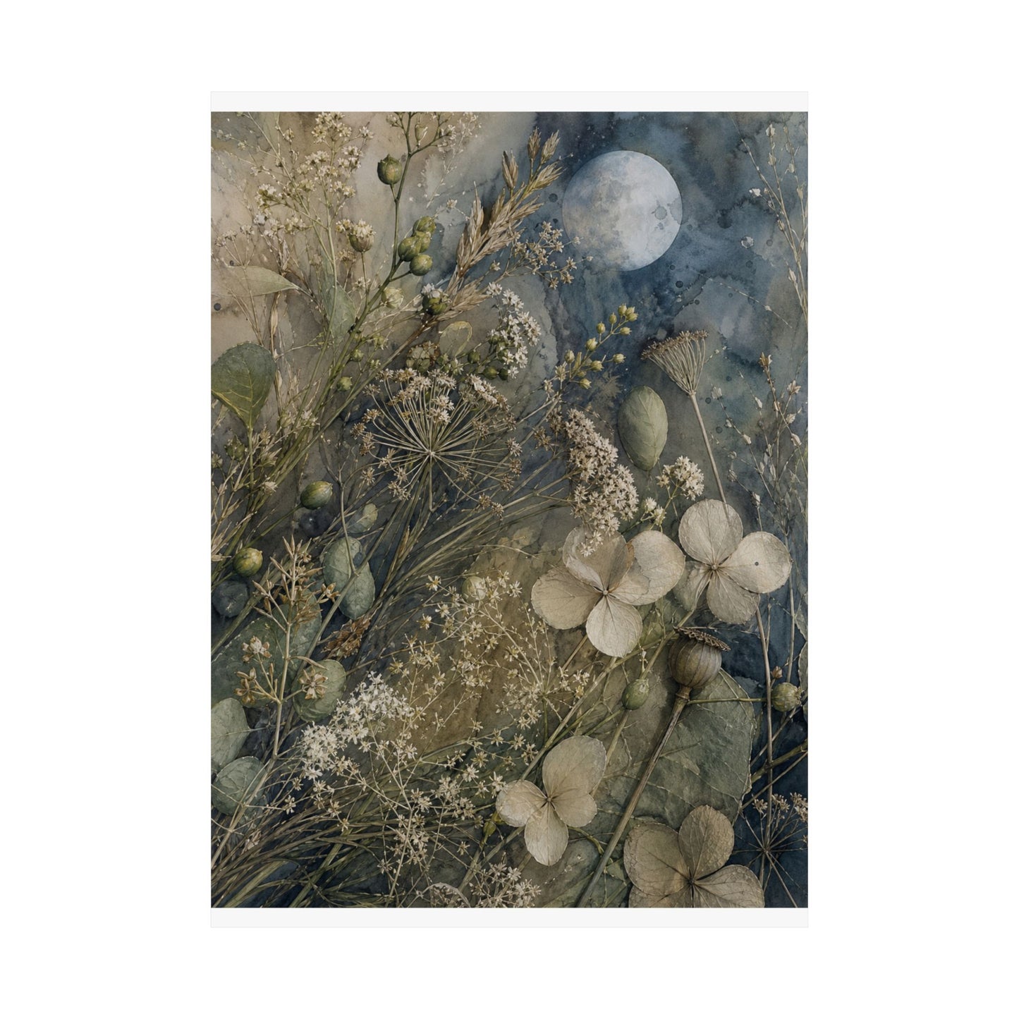 Japandi Dried Flowers in Moonlight | Watercolor Wall Art Print