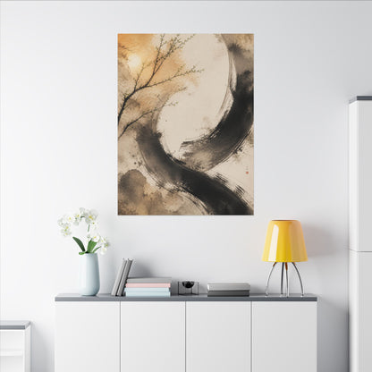 Japandi Ink Brushstroke in Golden Hour | Watercolor Canvas Art