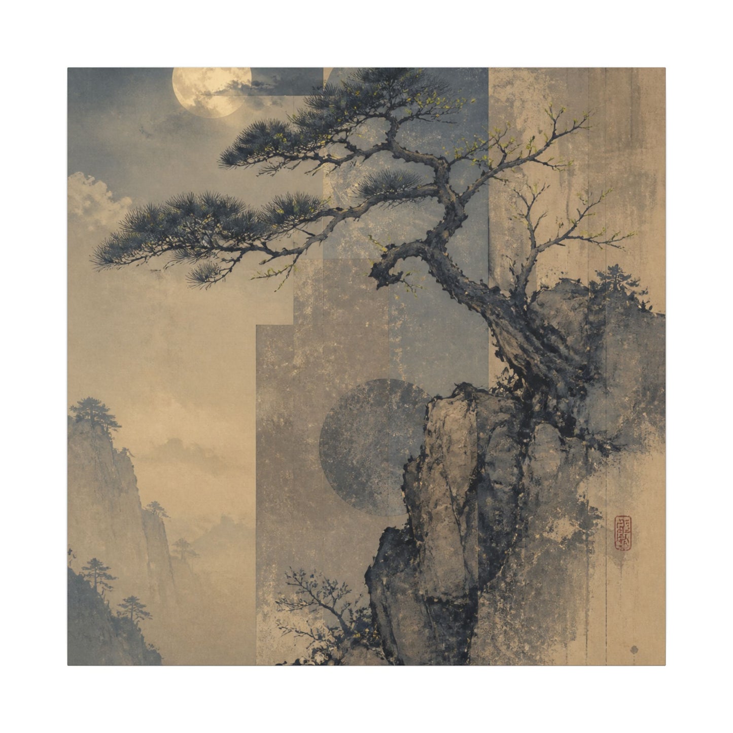 Japandi Pine Tree in Moonlight | Japanese Pattern Canvas Art