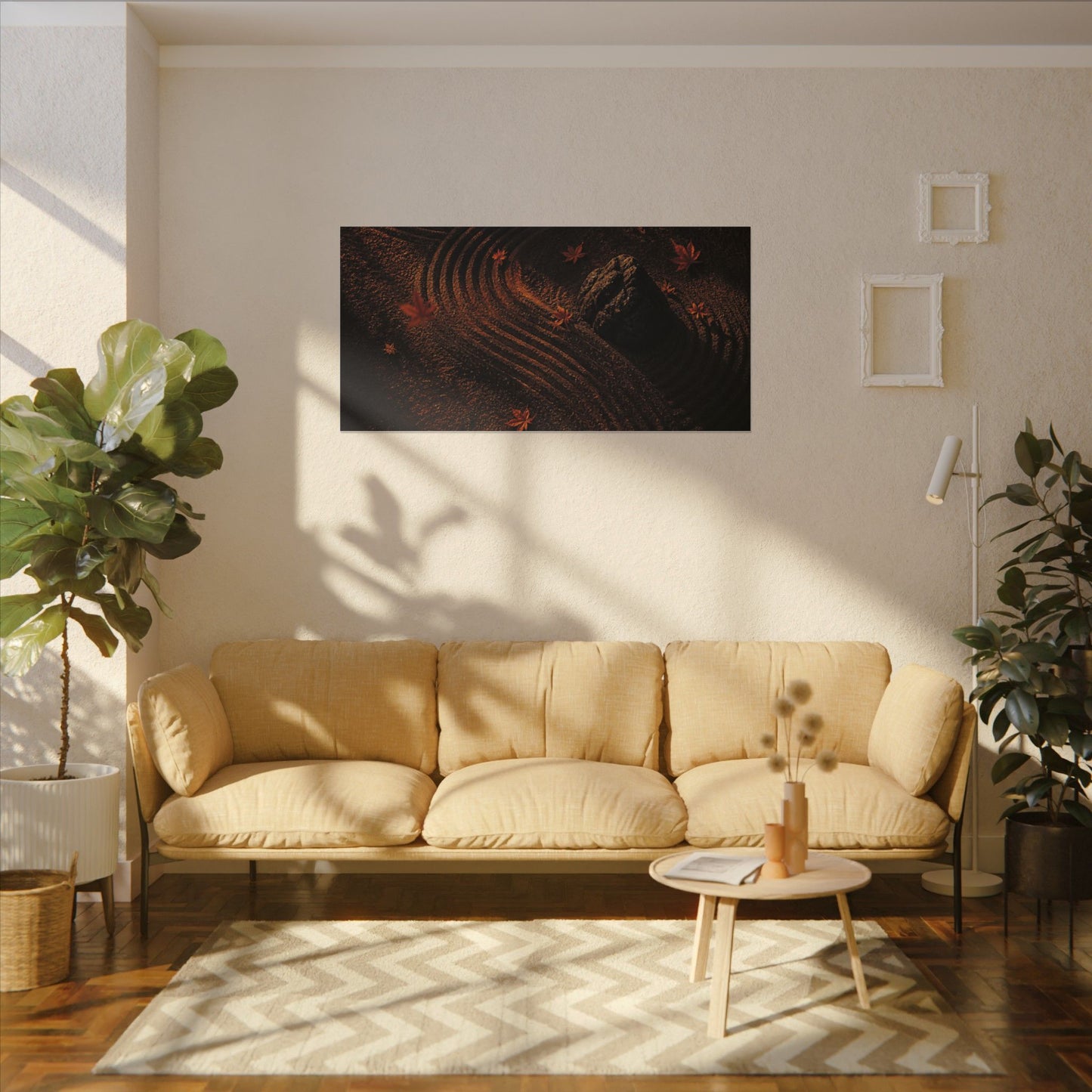 Dark Japandi Rock Garden in Golden Hour | Charcoal Ink Canvas Art