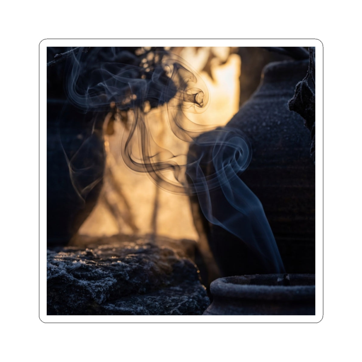 Dark Japandi Incense Smoke in Golden Hour | Shadow Zen Sticker Art Print