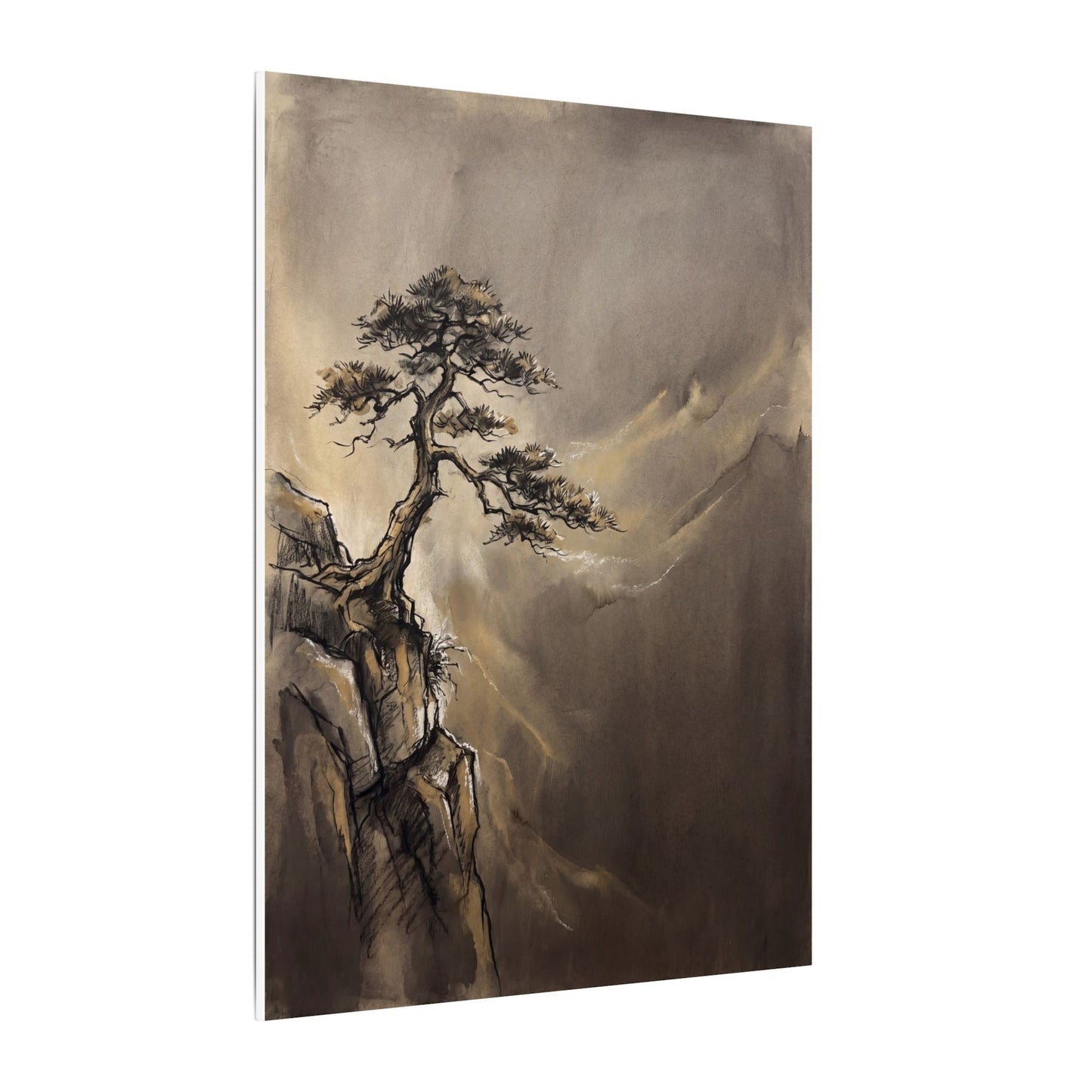 Pine Tree Charcoal Ink Canvas Art | Luxurious Dark Japandi Art
