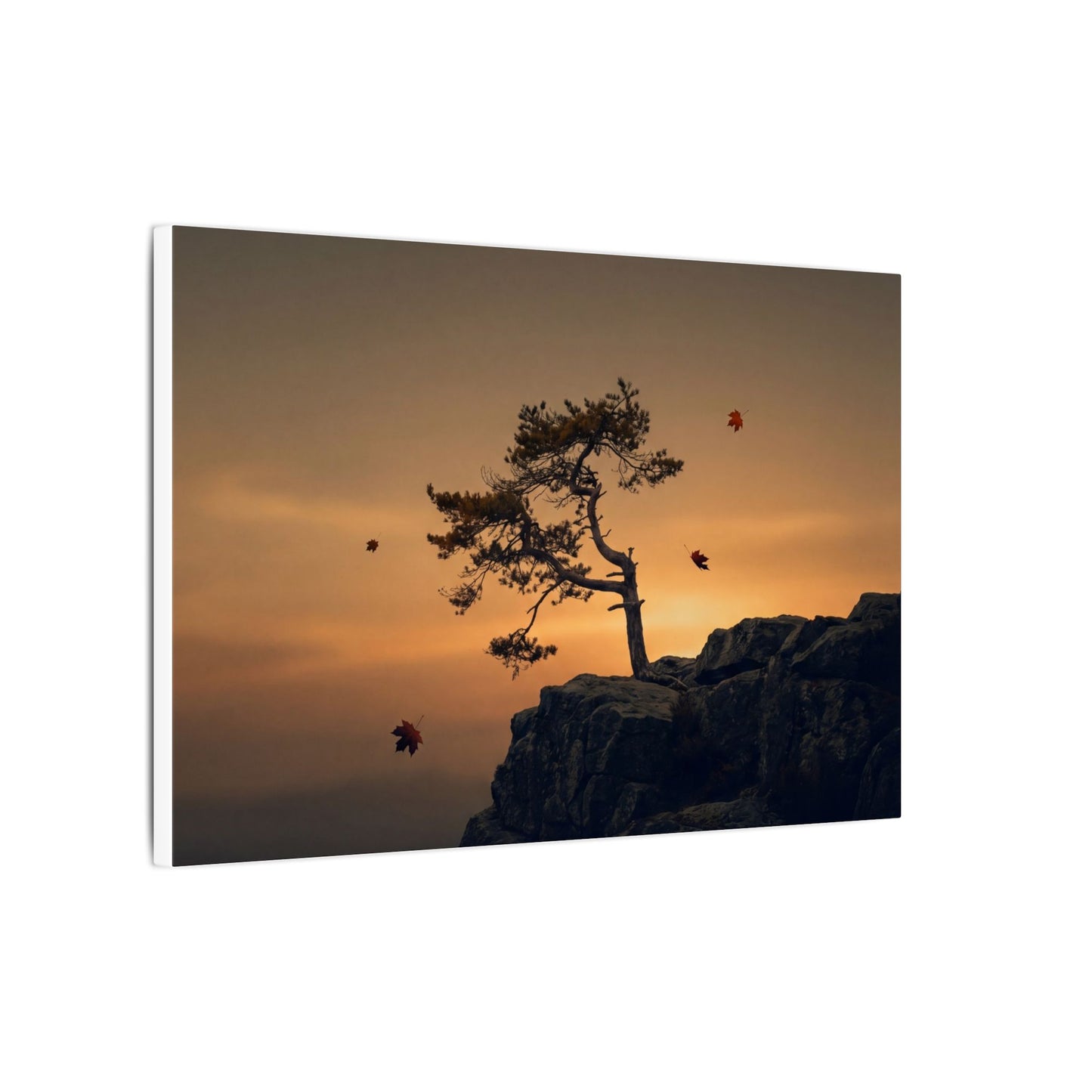Dark Japandi Pine Tree in Golden Hour | Moody Minimal Canvas Art