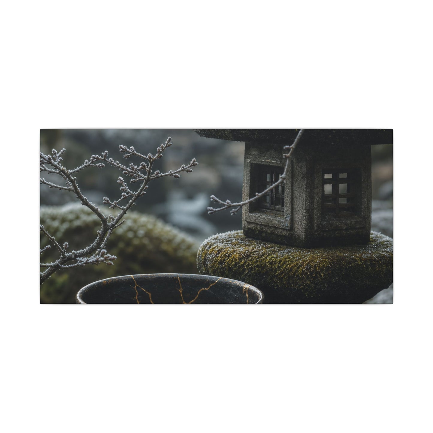 Stone Lantern Canvas Art | Winter Kintsugi Gold Repair Art