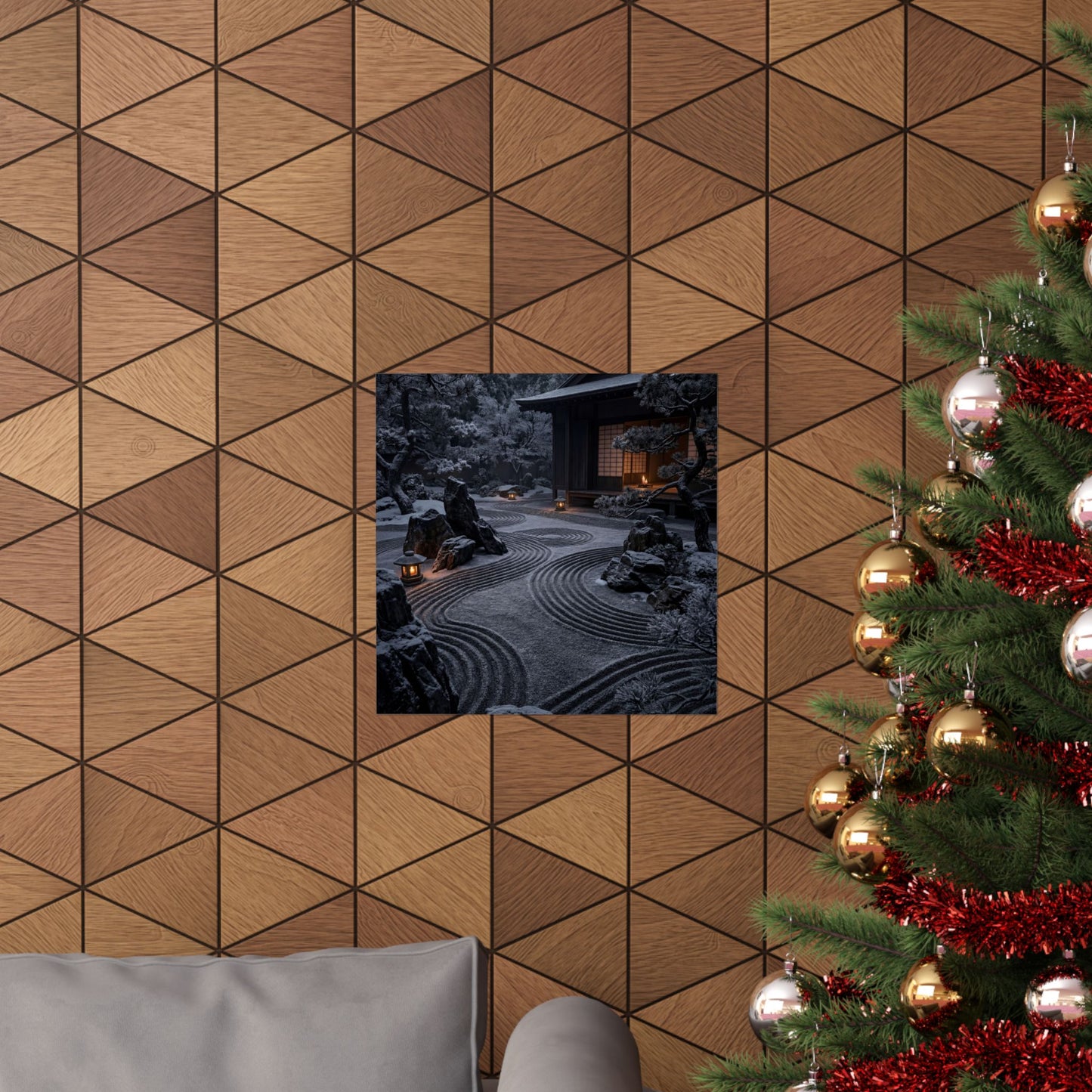 Dark Japandi Rock Garden in Candlelight | Shadow Zen Wall Art Print