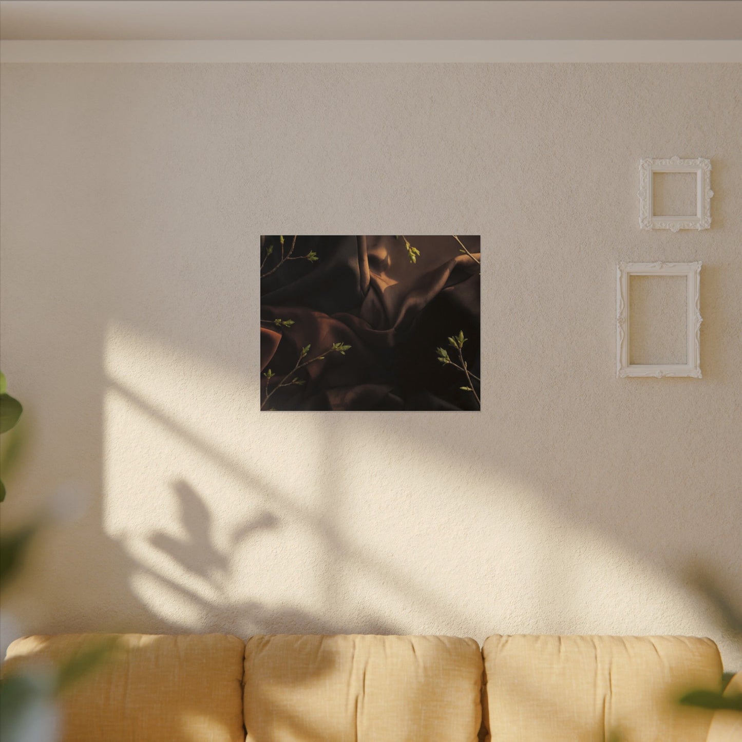 Dark Japandi Silk Drape in Golden Hour | Moody Minimal Canvas Art