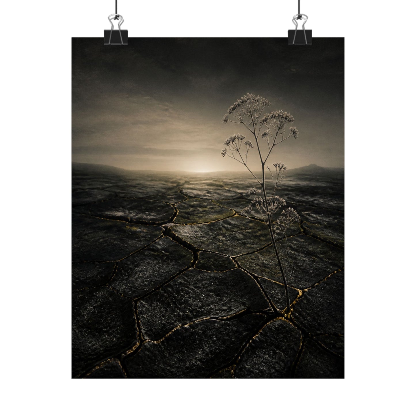 Dawn Cracked Earth Wall Art Print - Dark Japandi Mono No Aware