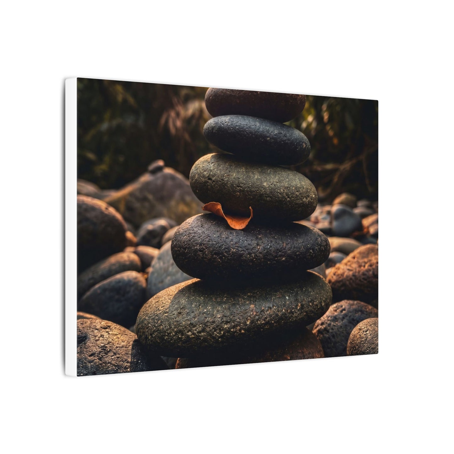 Dark Japandi River Stones in Golden Hour | Moody Minimal Canvas Art