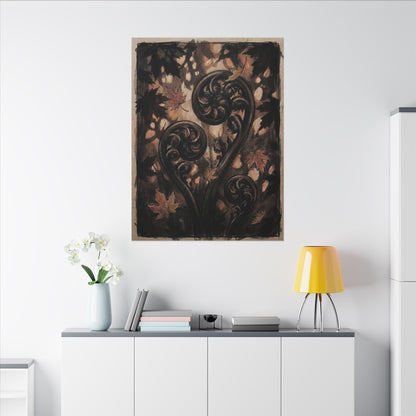 Mono No Aware Fern Unfurling Canvas Art - Dark Japandi Charcoal Ink
