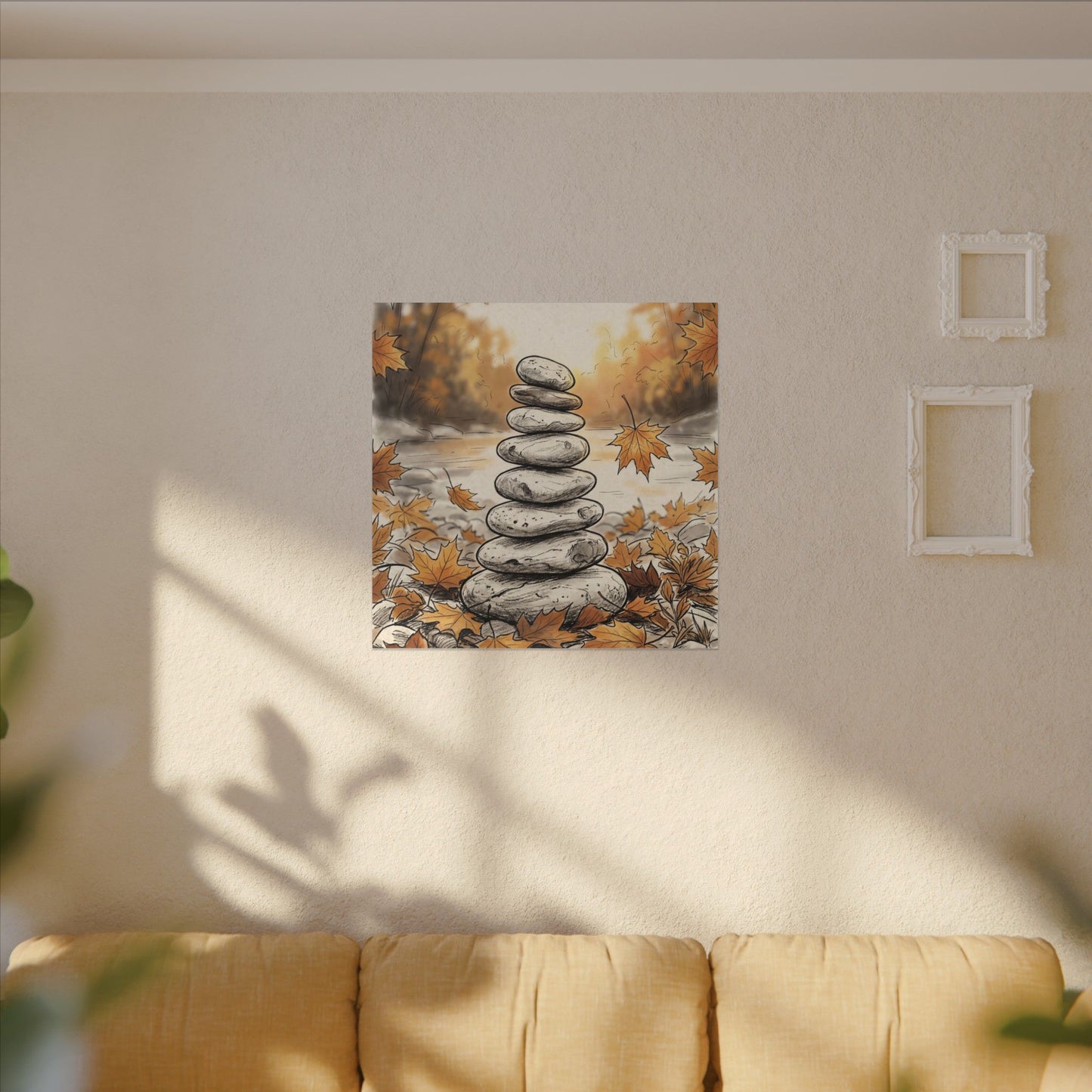 Earthy River Stones Canvas Art - Minimal Line Japandi