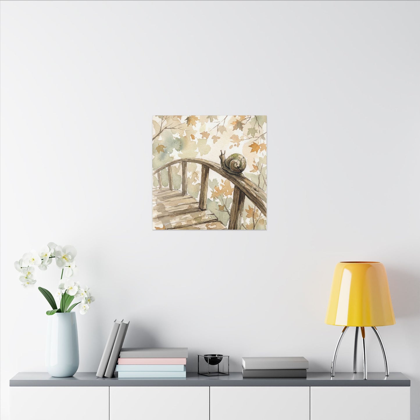 Wooden Bridge Canvas Art | Autumn Japandi Watercolor Art