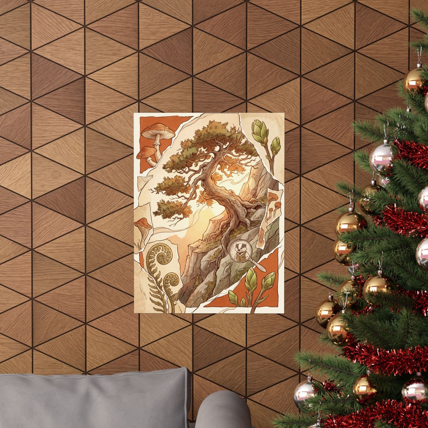 Spring Pine Tree Mushroom Illustration Wall Art Print | Cozy Decor