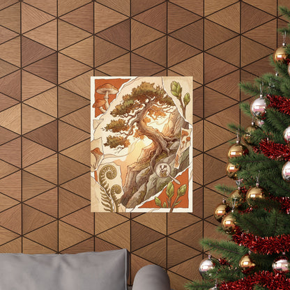 Spring Pine Tree Mushroom Illustration Wall Art Print | Cozy Decor