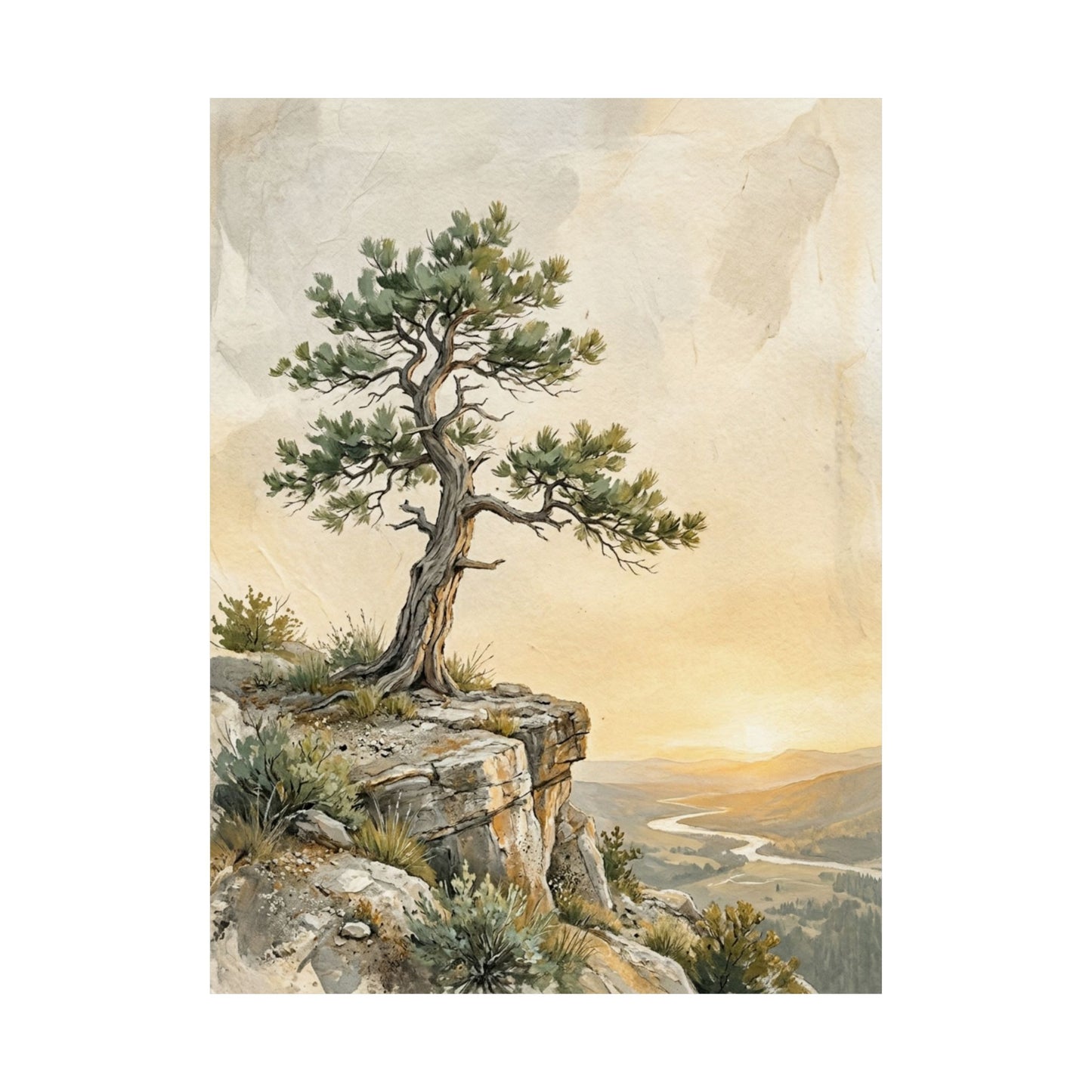 Golden Hour Pine Tree Wall Art Print - Japandi Mono No Aware