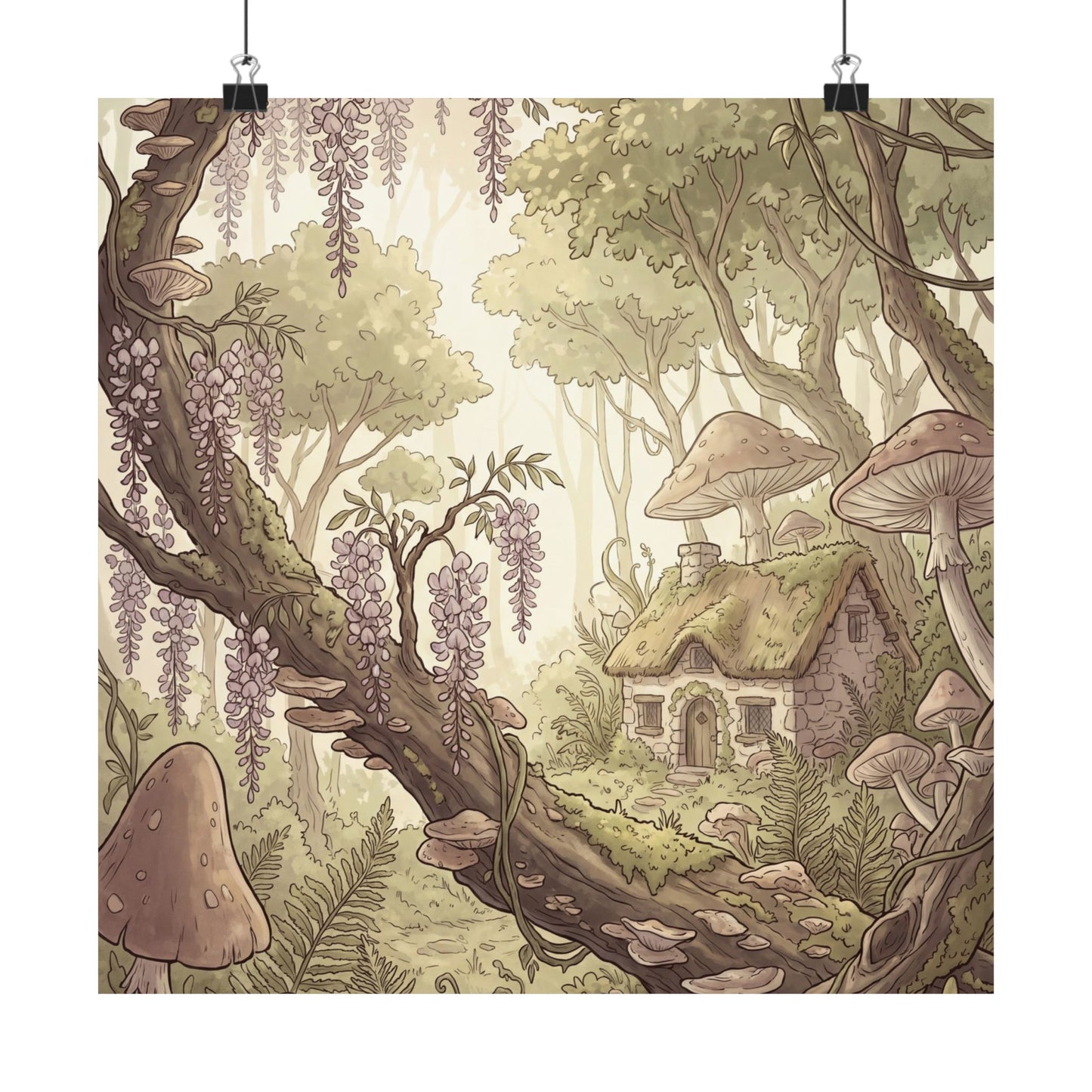 Summer Wisteria Mushroom Illustration Wall Art Print | Rustic Decor