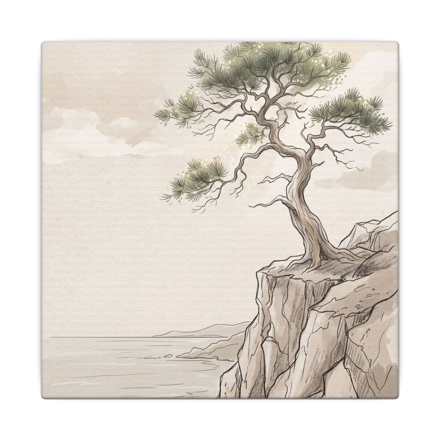 Japandi Pine Tree in Dappled | Minimal Line Canvas Art