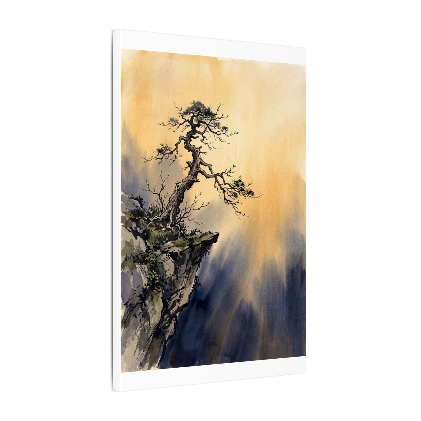Zen Pine Tree in Golden Hour | Sumi E Canvas Art
