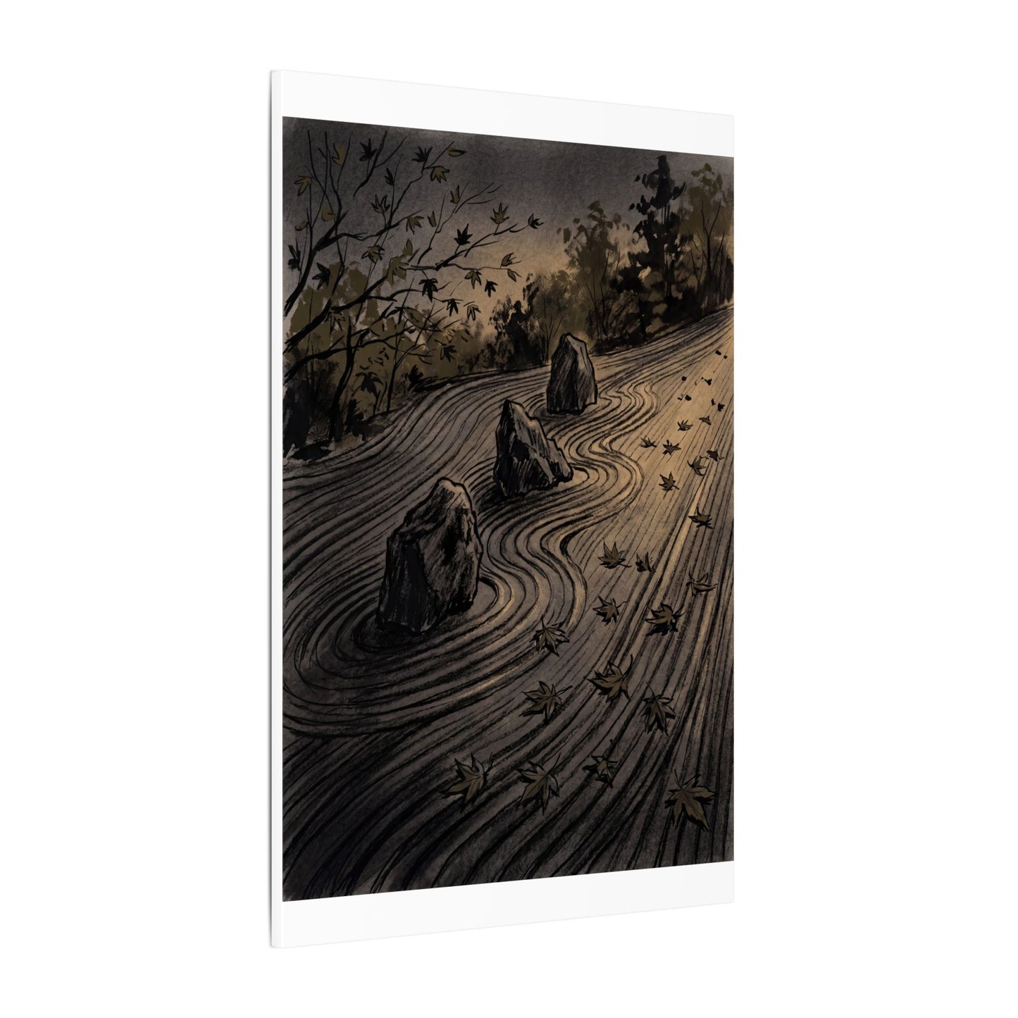 Rock Garden Canvas Art | Autumn Dark Japandi Charcoal Ink Art