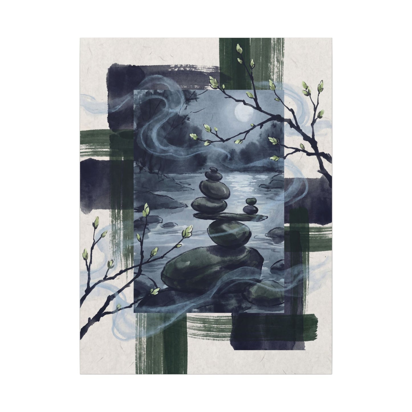 Moonlight River Stones Canvas Art - Zen Shibui