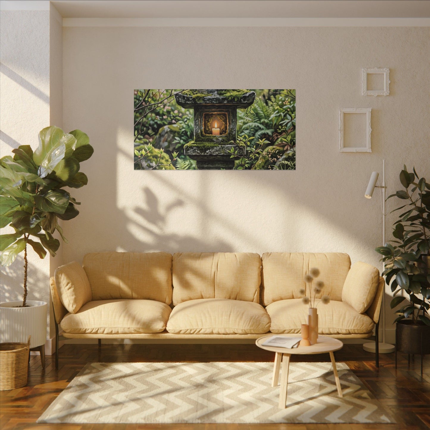 Neutral Stone Lantern Canvas Art - Japanese Pattern Japandi