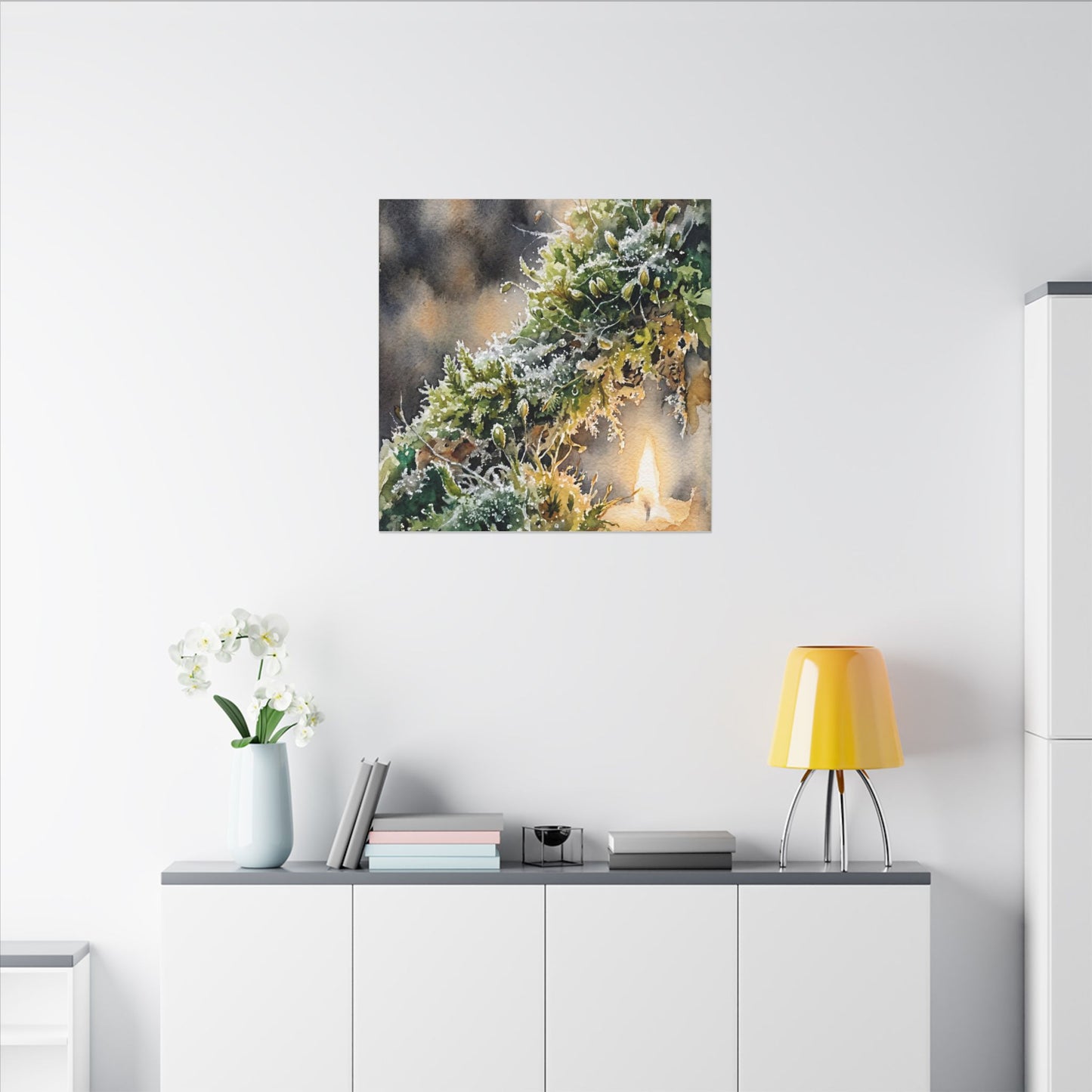 Winter Moss Close Up Watercolor Canvas Art | Neutral Decor