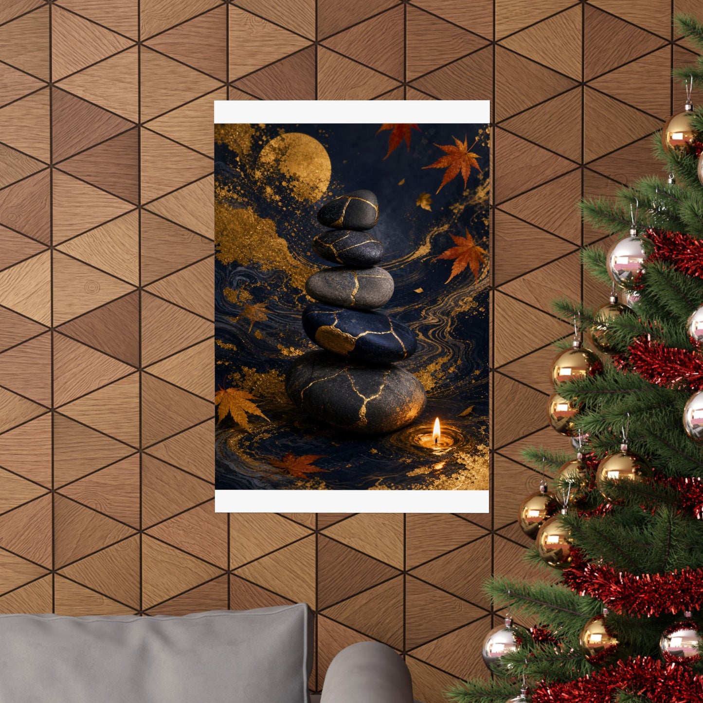 River Stones Wall Art Print | Autumn Kintsugi Gold Vein Art