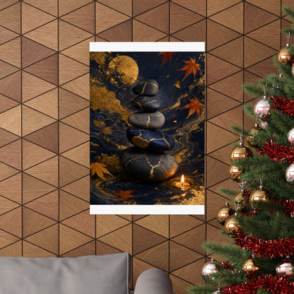 River Stones Wall Art Print | Autumn Kintsugi Gold Vein Art