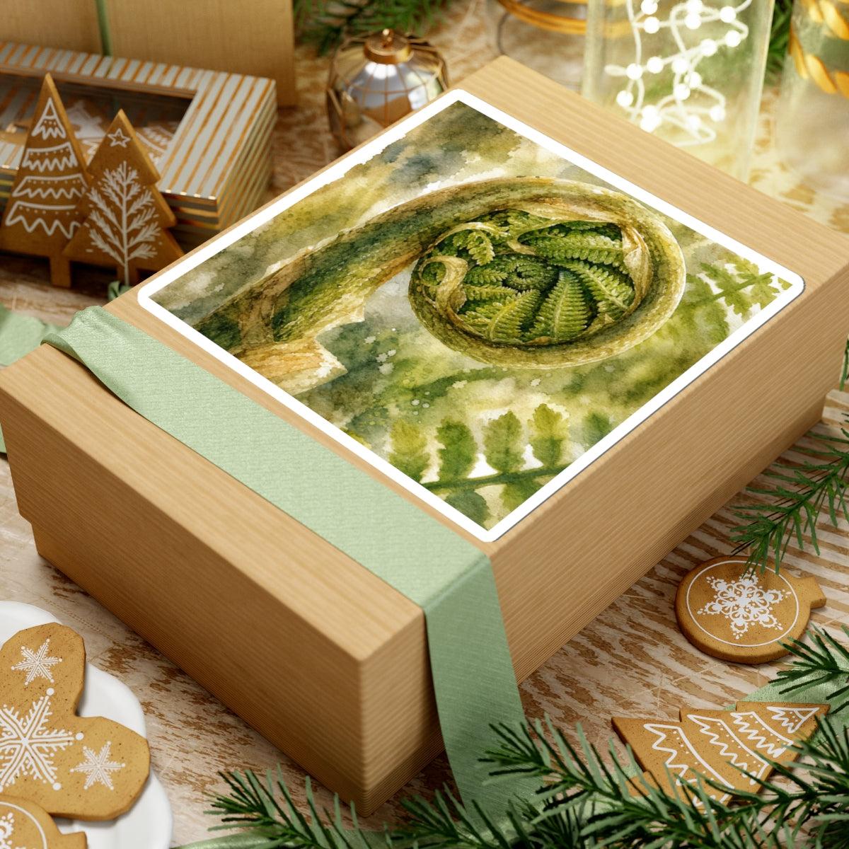 Japandi Fern Unfurling in Dappled | Watercolor Sticker