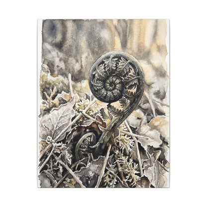 Japandi Fern Unfurling in Golden Hour | Watercolor Canvas Art