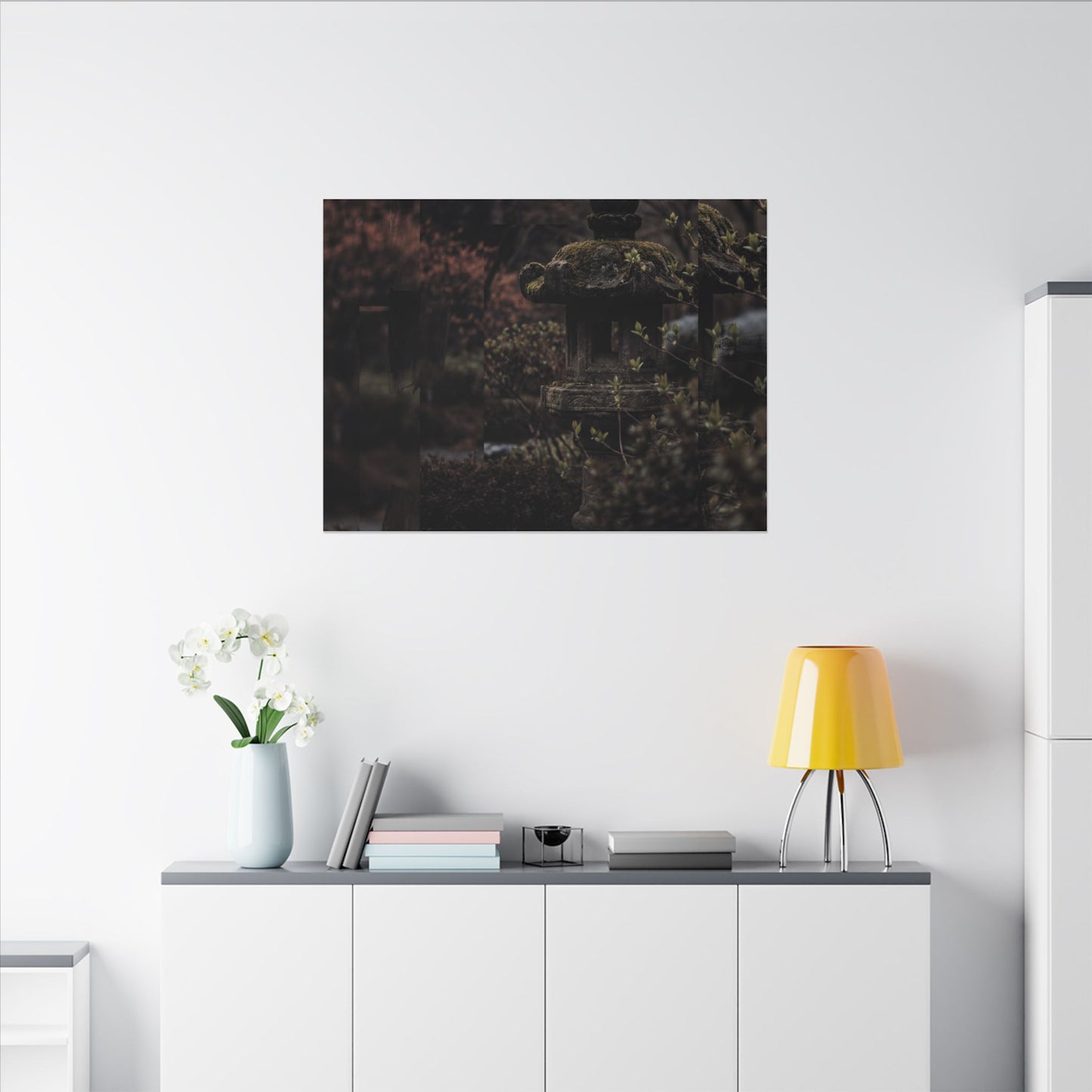 Stone Lantern Spring Canvas Art | Dark Japandi Bold Design