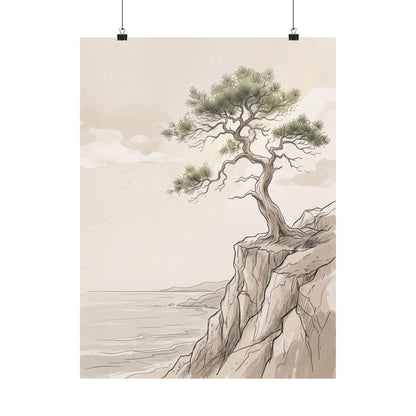 Neutral Pine Tree Wall Art Print - Minimal Line Japandi