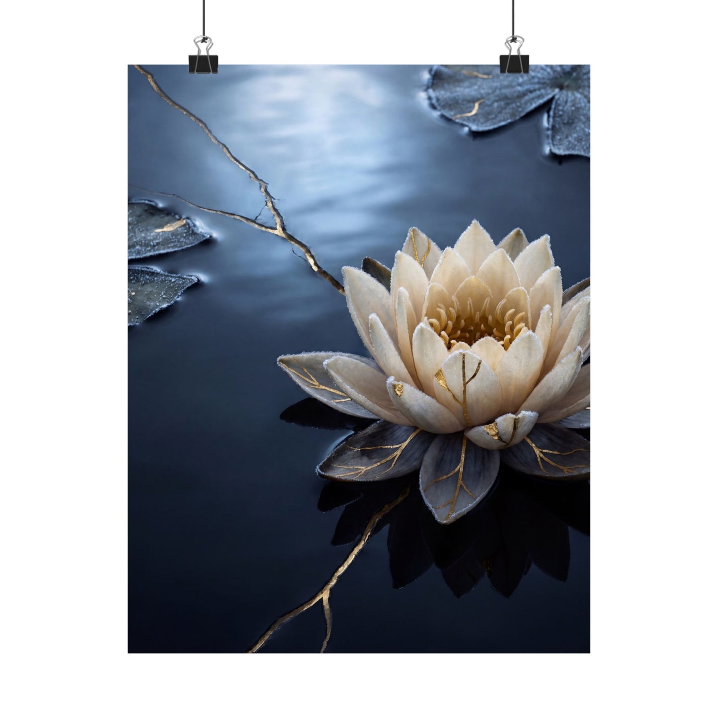 Winter Lotus Flower Gold Vein Wall Art Print | Resilient Decor
