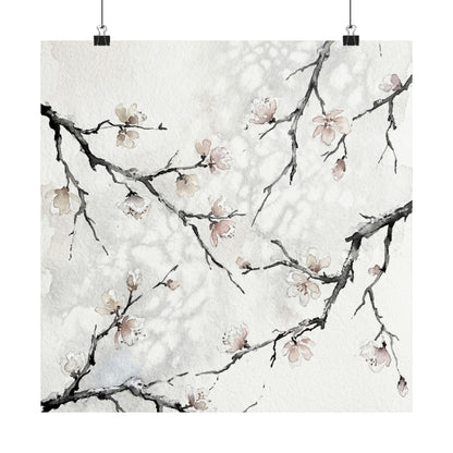 Winter Cherry Blossom Watercolor Wall Art Print | Elegant Decor