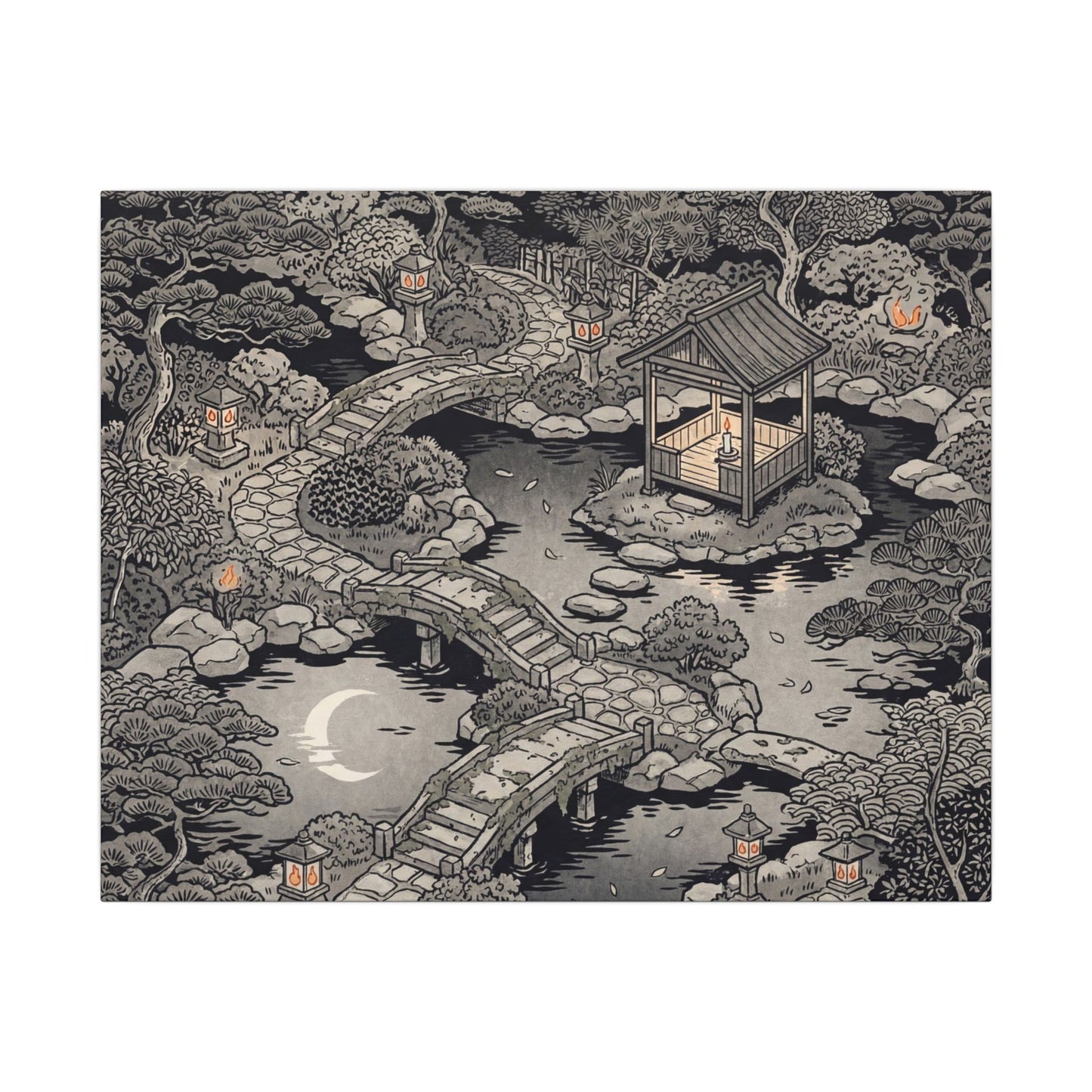 Moonlit Garden Ukiyo E Inspired Canvas Art | Serene Zen Art Art Print