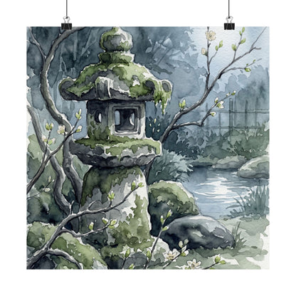 Japandi Stone Lantern in Moonlight | Watercolor Wall Art Print