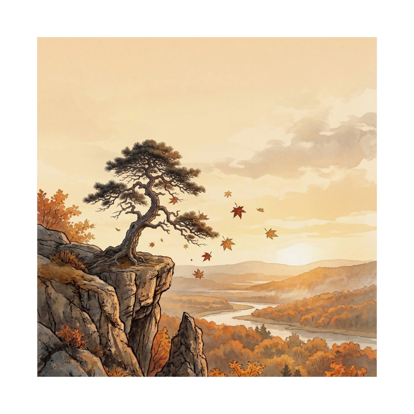 Japandi Pine Tree in Golden Hour | Japanese Pattern Wall Art Print