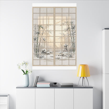 Winter Shoji Screen Sumi E Canvas Art | Tranquil Decor