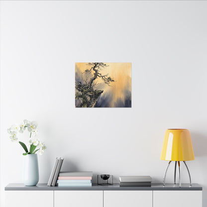 Zen Pine Tree in Golden Hour | Sumi E Canvas Art
