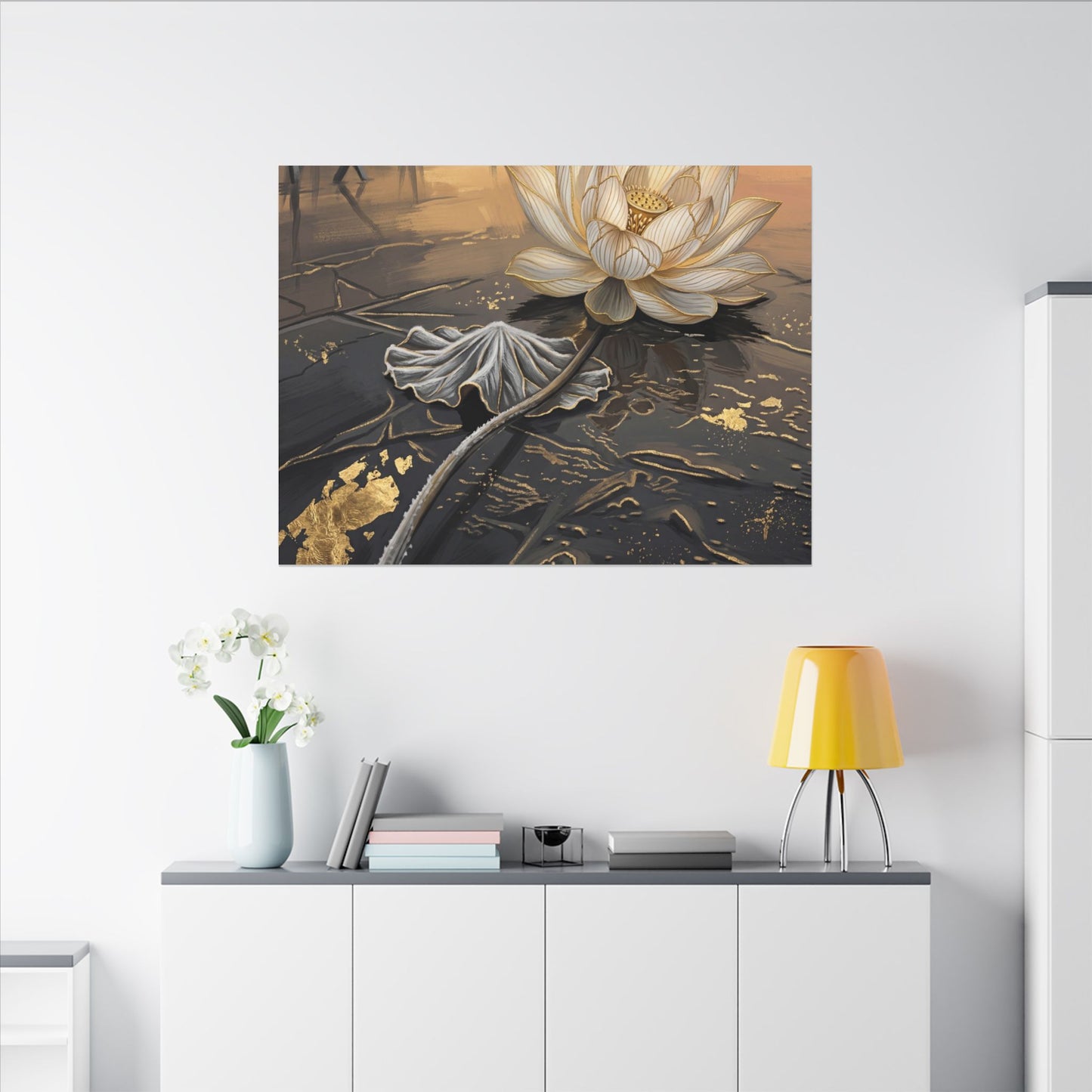 Kintsugi Lotus Flower in Golden Hour | Gold Vein Canvas Art