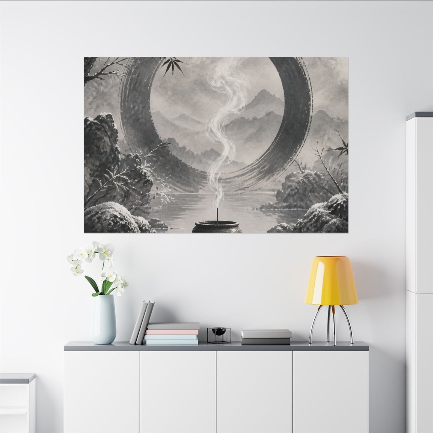 Incense Smoke Canvas Art | Winter Zen Sumi E Art