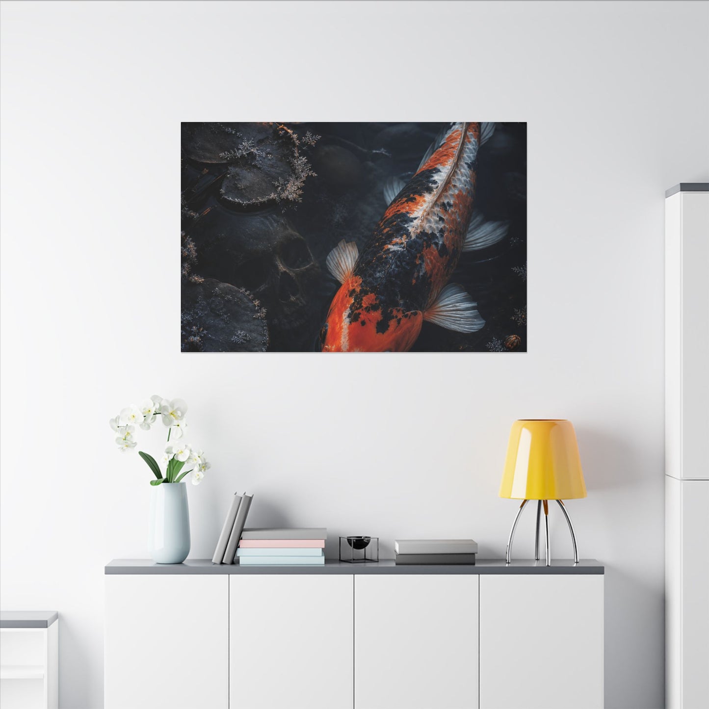 Koi Pond Canvas Art | Winter Dark Japandi Shadow Zen Art