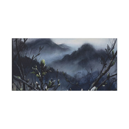 Mountain Mist Spring Canvas Art | Dark Japandi Atmospheric Design