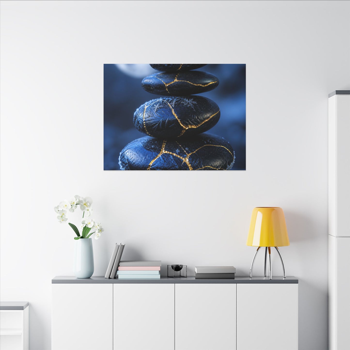 River Stones Canvas Art | Winter Kintsugi Gold Repair Art