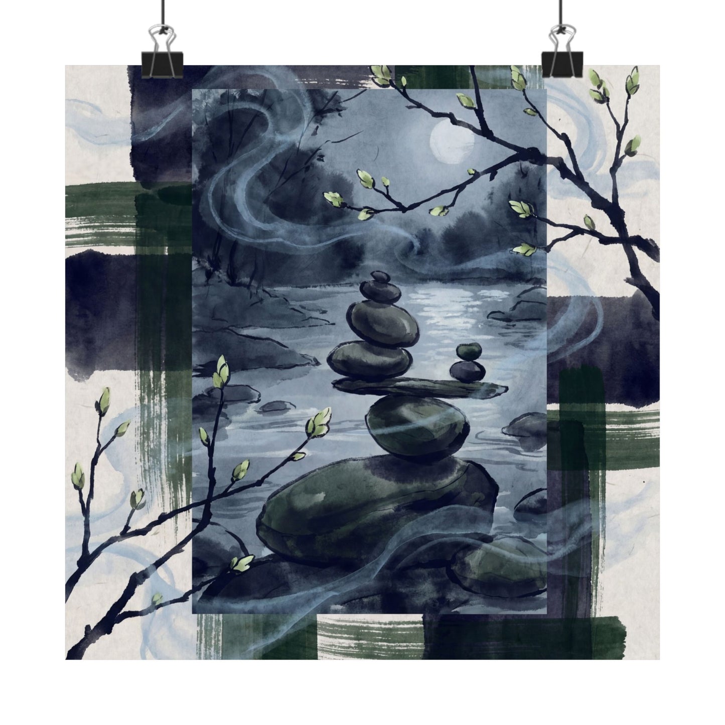 River Stones Wall Art Print | Spring Zen Sumi E Art Art Print