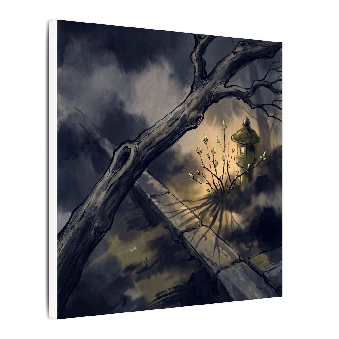 Dark Japandi Moonlit Garden in Golden Hour | Charcoal Ink Canvas Art